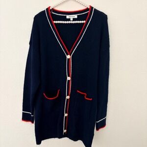 Vigoss Navy Blue Contrast Trim V-Neck Button Front Cardigan Sweater Small